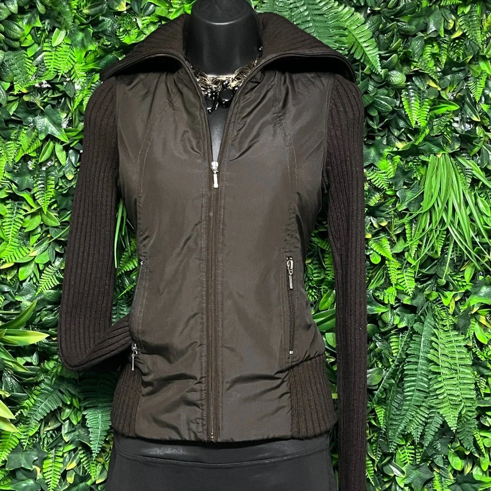 Tahari‎ Jacket Womens XS Dark Brown Wool Ribbed Knit Mixed Media Zip 3598
